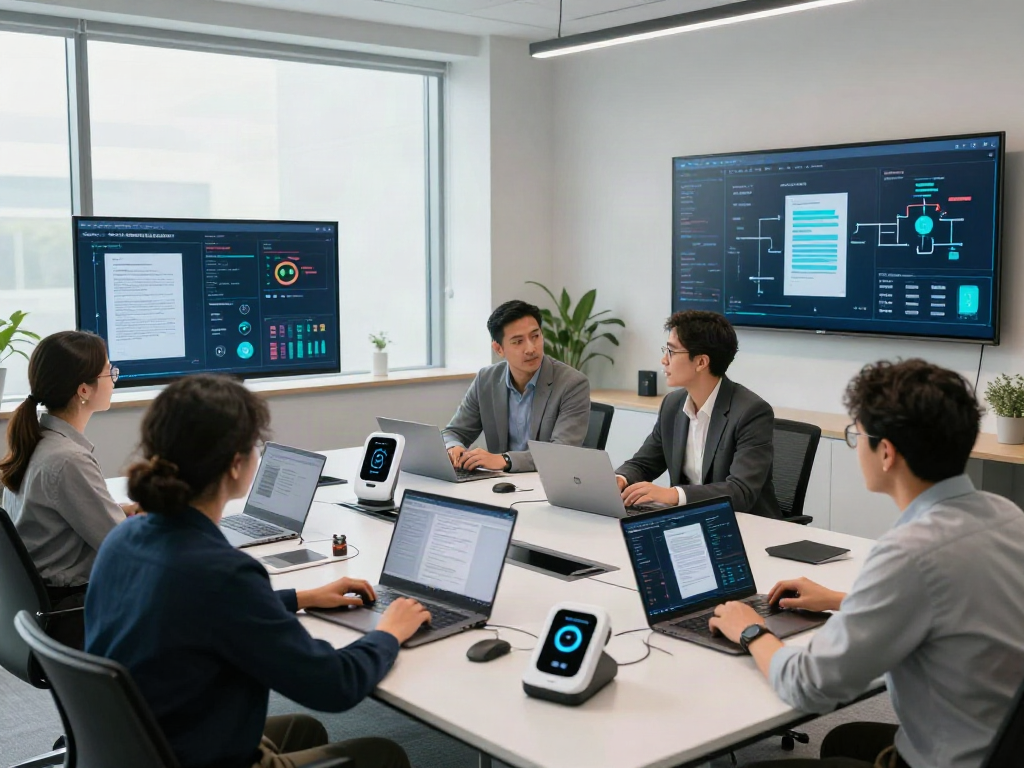 Team collaborating on a document fraud detection solution in a modern office, analyzing real-time data on screens.
