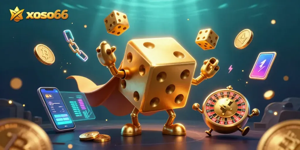 Engage with the xoso66 platform showcasing golden dice golem and crypto elements for winning strategies.