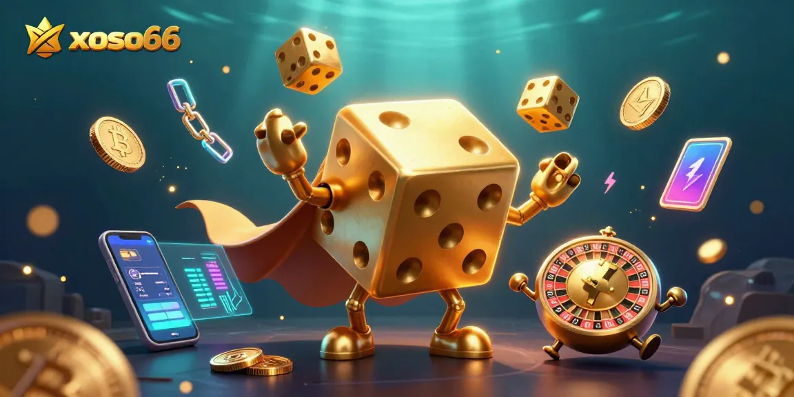 Engage with the xoso66 platform showcasing golden dice golem and crypto elements for winning strategies.