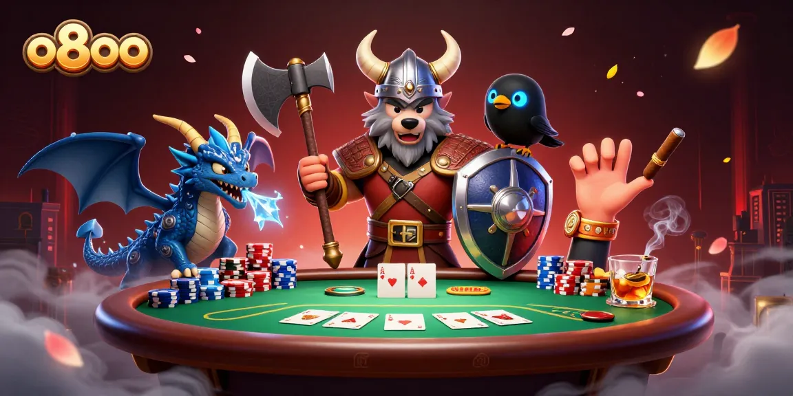 Engage in thrilling poker gameplay at o8oo with fierce dragon and Viking warrior enjoying the exciting atmosphere.