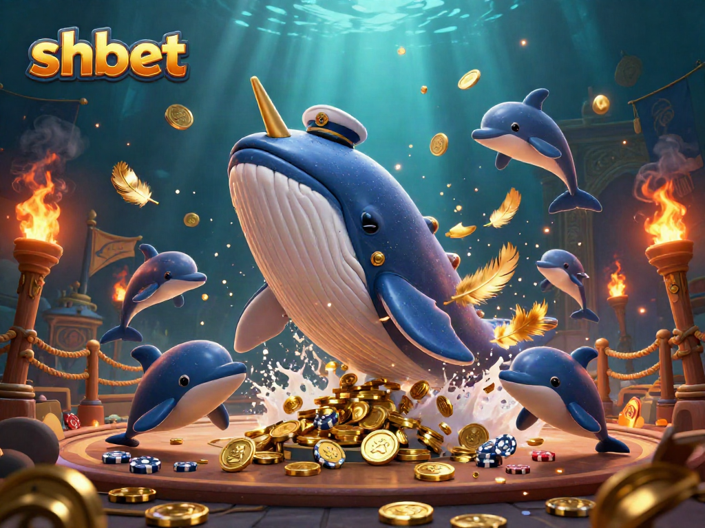 Experience thrilling wins at shbet with a vibrant underwater casino scene featuring a whale, narwhal, and dolphins.