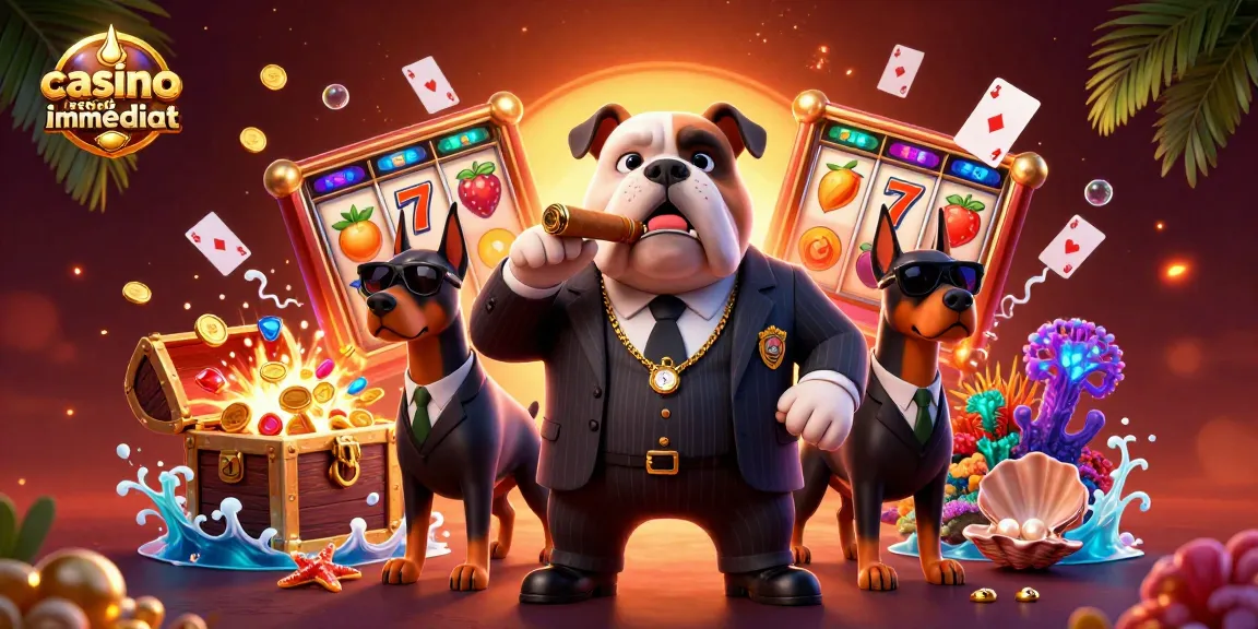 Illustration colorée avec le bulldog mafia boss et ses gardes, axée sur le casino retrait immédiat
