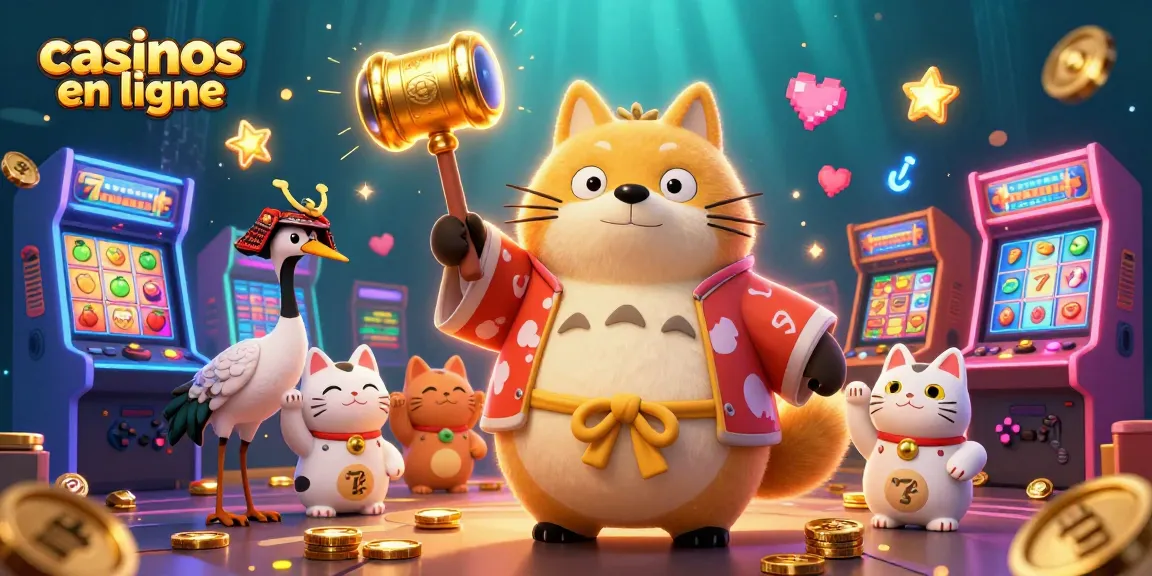 Illustration festive représentant des casinos en ligne avec un tanuki japonais et des maneki-neko porte-bonheur.