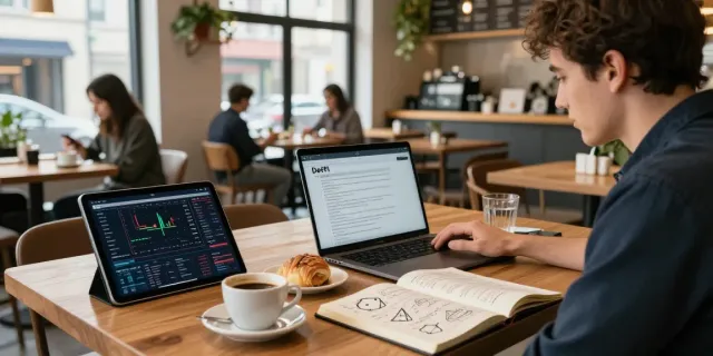 金融データプロバイダー 日本 in a vibrant coffee shop with cryptocurrency analysis on laptop.