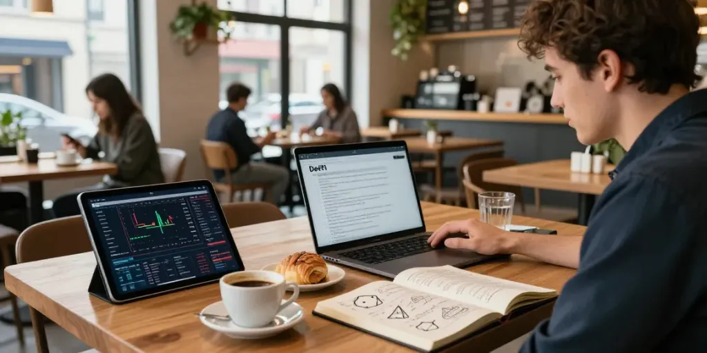 金融データプロバイダー 日本 in a vibrant coffee shop with cryptocurrency analysis on laptop.
