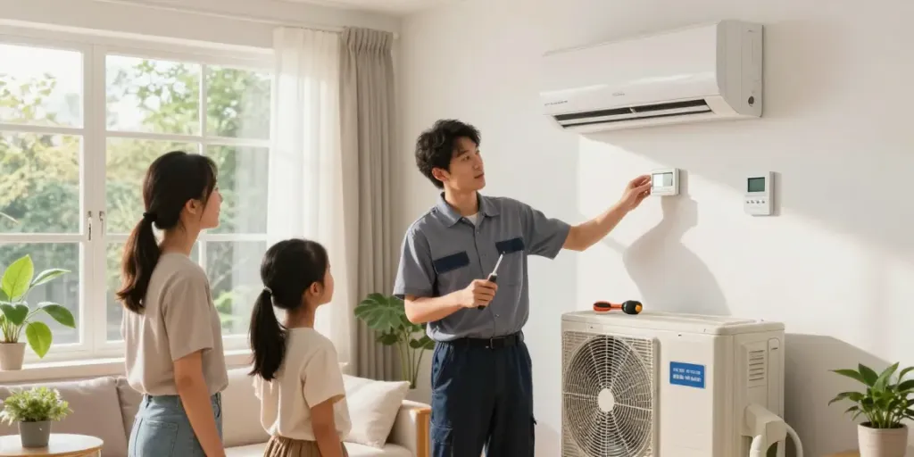 Air Conditioner Install Calgary - family consulting with HVAC technician about AC installation in modern home