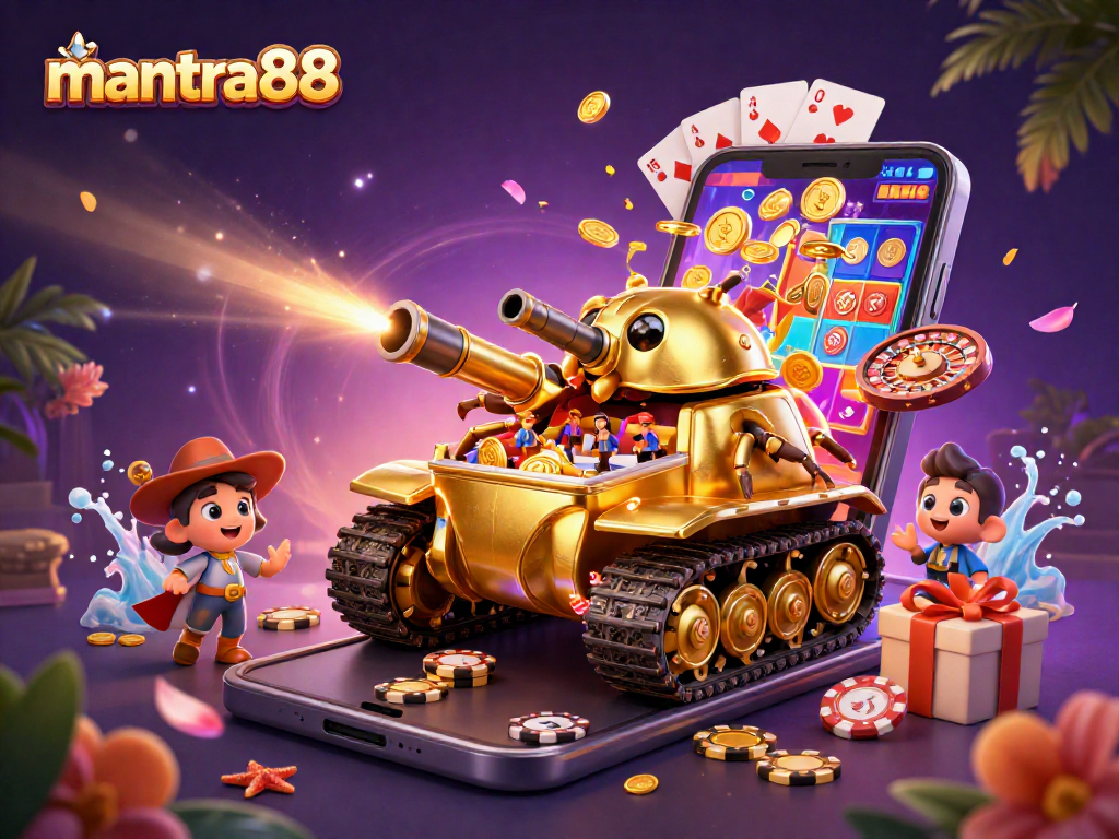 Play exciting games on mantra88 with a vibrant casino scene filled with golden treasures.