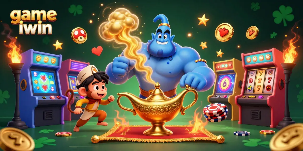 Experience the thrill of the game iwin with our vibrant casino-themed scene featuring a magical genie.