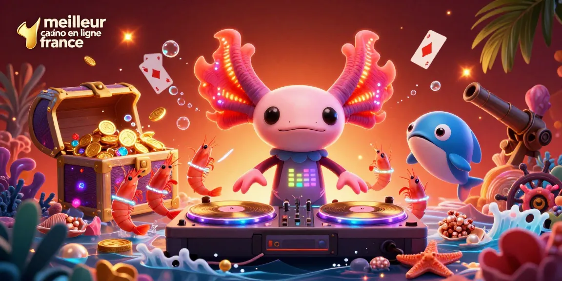 Vibrez avec le meilleur casino en ligne France : DJ axolotl illuminé et crevettes dansent sous l'eau.