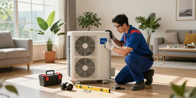 Air Conditioner Install Calgary: Technician installing AC in a modern living room with natural light.