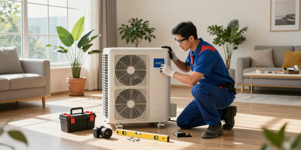 Air Conditioner Install Calgary: Technician installing AC in a modern living room with natural light.