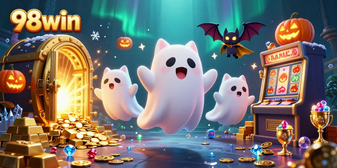 Engage with 98win's haunted casino adventure featuring a ghost cat, vibrant treasures, and thrilling game elements.