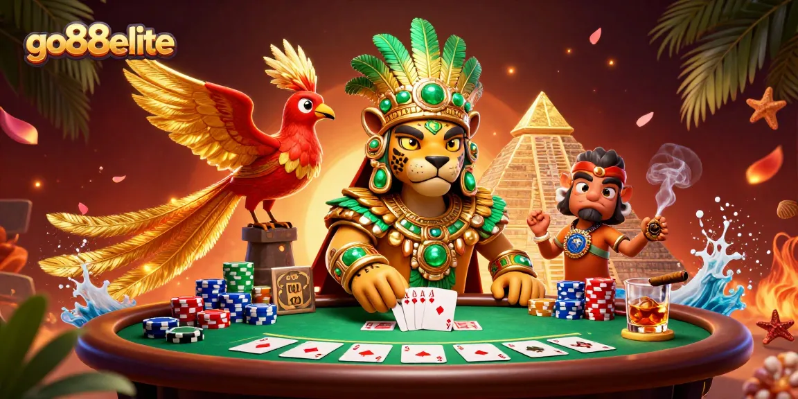 Experience thrilling poker action with go88elite's vibrant characters and dynamic table scene.