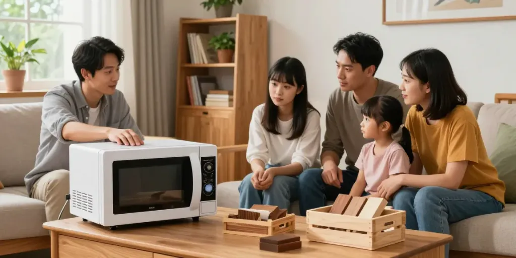 SHASHEL® woodworm treatment device in a family's living room, demonstrating effective pest control.