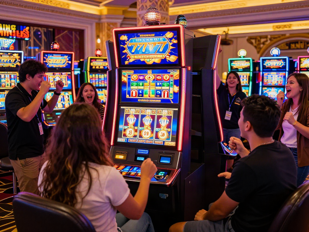 Mesin slot777 yang penuh warna di kasino dengan pemain merayakan kemenangan mereka.