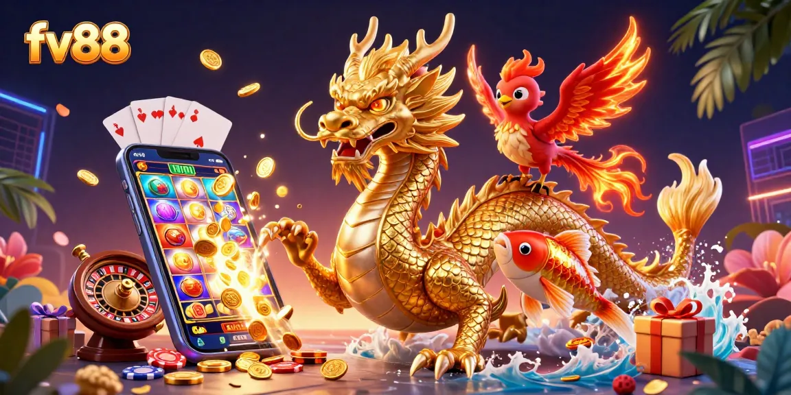 fv88 players enjoy vibrant casino action with dragon and phoenix amidst slot games and gold coins.