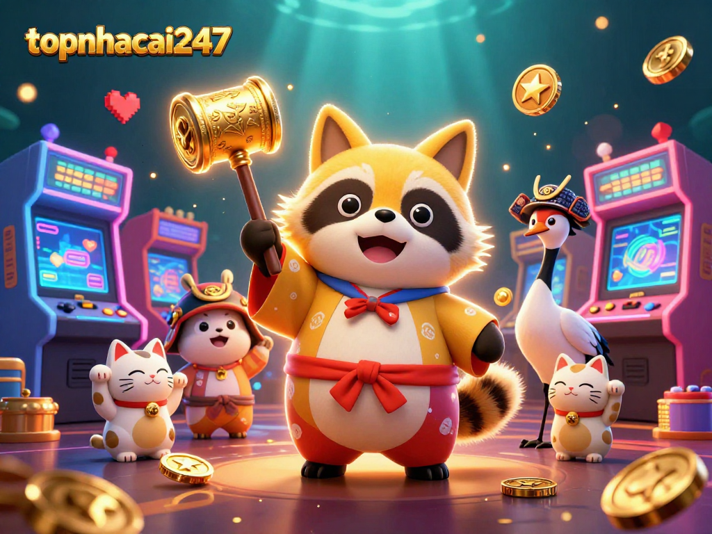 Experience thrilling gameplay at topnhacai247 with a vibrant illustration of a tanuki and friends in a festive casino setting.