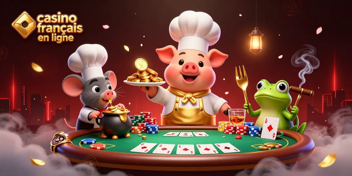 Plongez dans l'univers du casino français en ligne avec des personnages 3D entourés de pièces d'or et de cartes de poker.