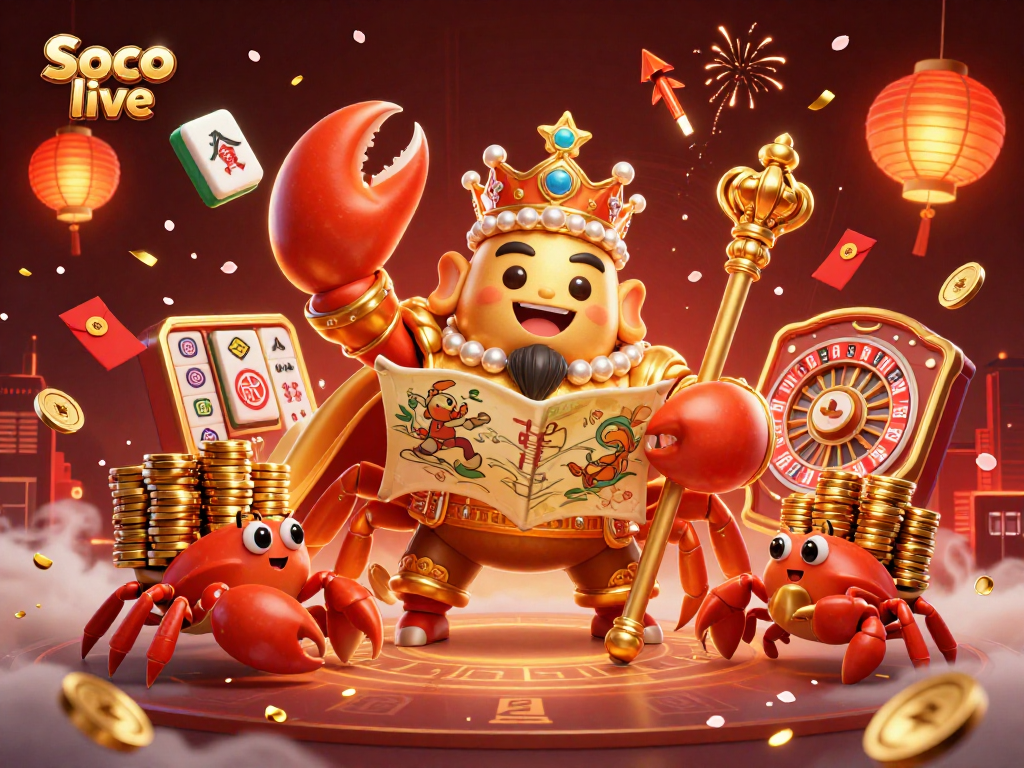 Soco live captures the excitement of casino gaming with a golden crab emperor scene featuring slots and vibrant decorations.