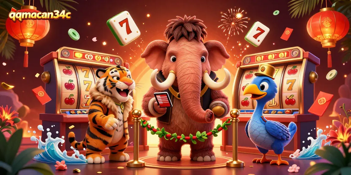 Engage in thrilling gameplay at qqmacan34c with exciting slot reels and vibrant casino characters.