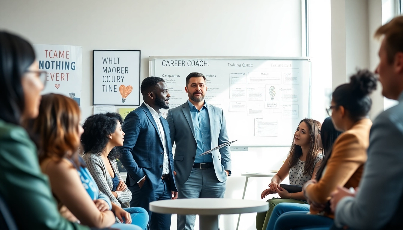 Engaging career coaching session with a coach guiding clients through career strategies.