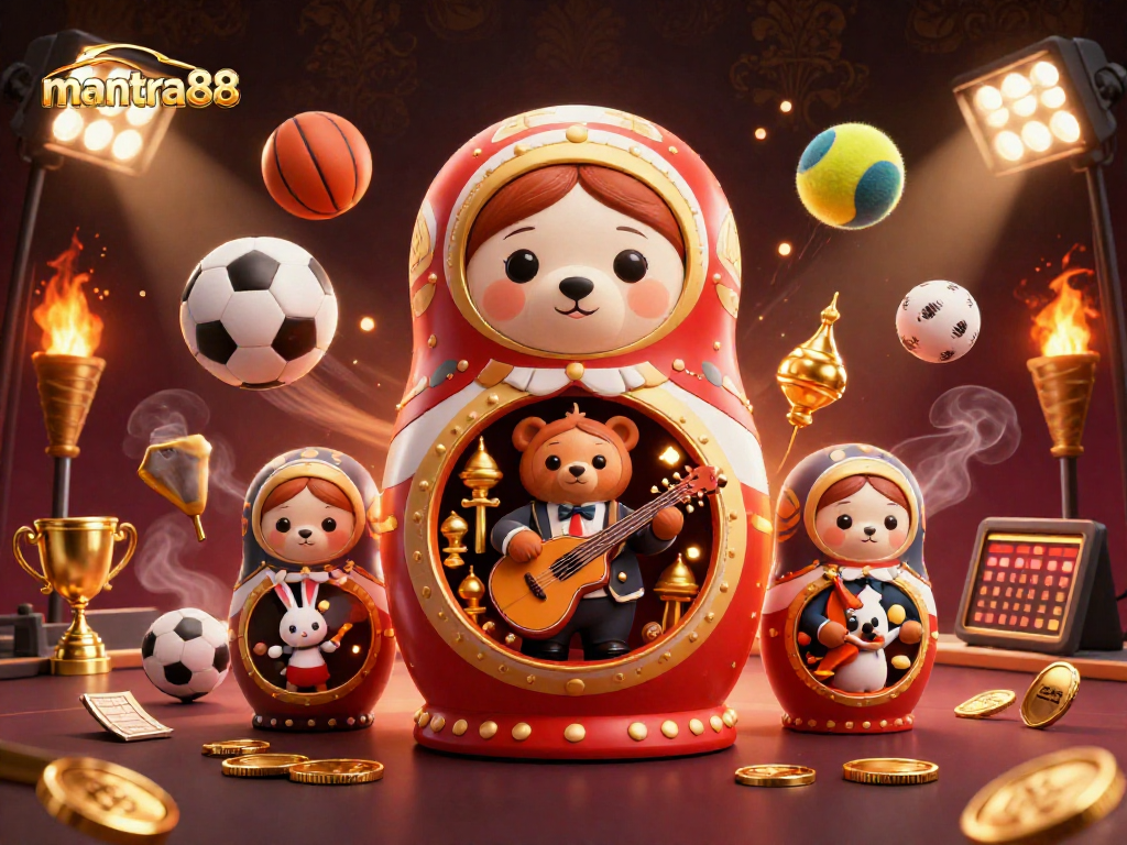 Engage in mantra88 vibes with a vibrant casino scene featuring dynamic sports elements and cheerful characters.