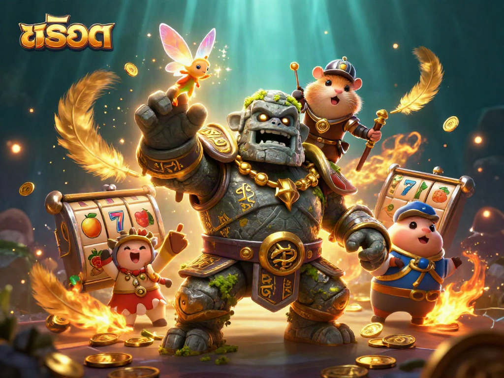 Spin the reels with exciting สล็อต featuring a mystical golem, fairy, and hamster knight.