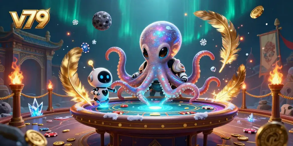 Experience thrilling gaming action at v79 with an alien octopus playing poker in a vibrant cosmic setting.
