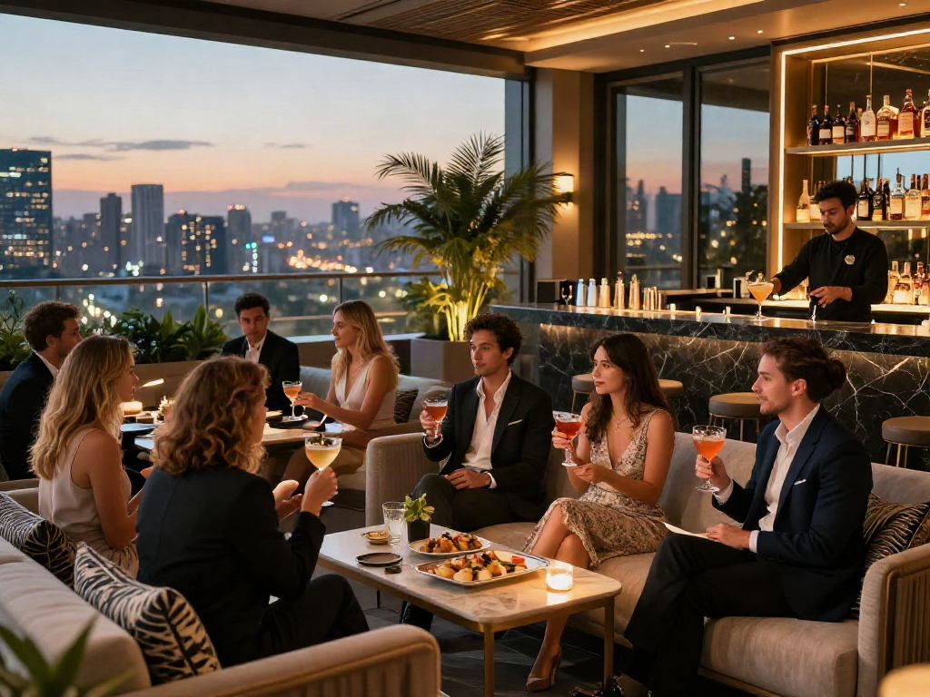 Perayaan mewah dengan luxury111 di lounge atap, keramahan dan suasana elegan di malam hari.