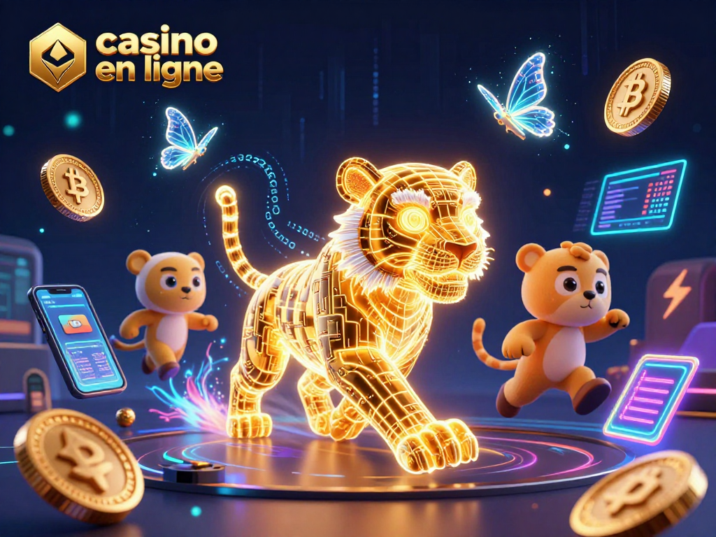 Découvrez les jeux de casino en ligne avec un tigre en néon et des devises crypto scintillantes.