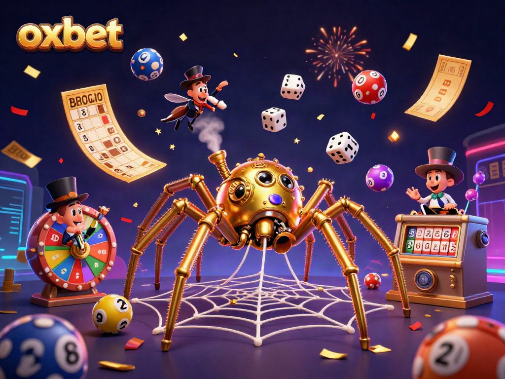 Experience the excitement of oxbet's casino world with a whimsical 3D scene filled with games and festive elements.