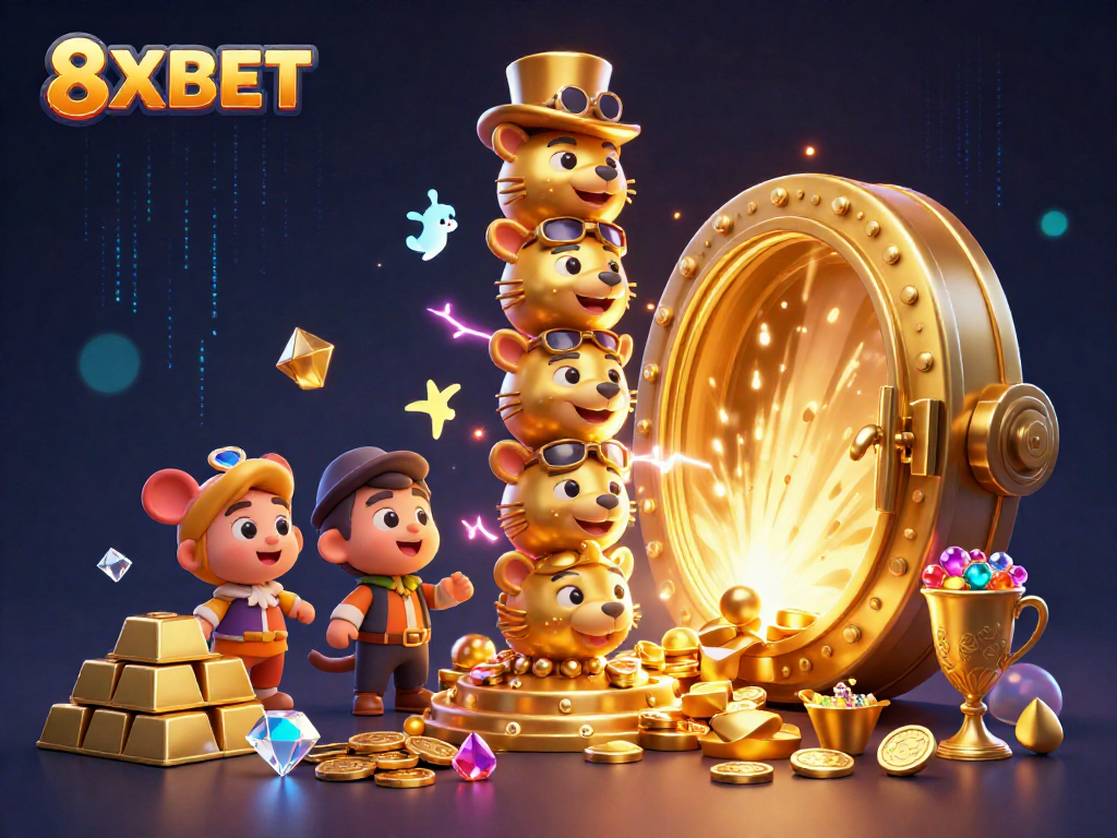 Engage with 8XBET's exciting 3D casino world, filled with colorful treasures and vibrant game elements.