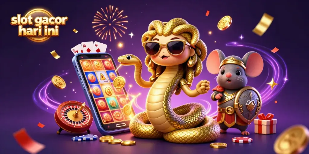 Experience the thrill of slot gacor hari ini with a fun Medusa and warrior mouse surrounded by vibrant game elements.