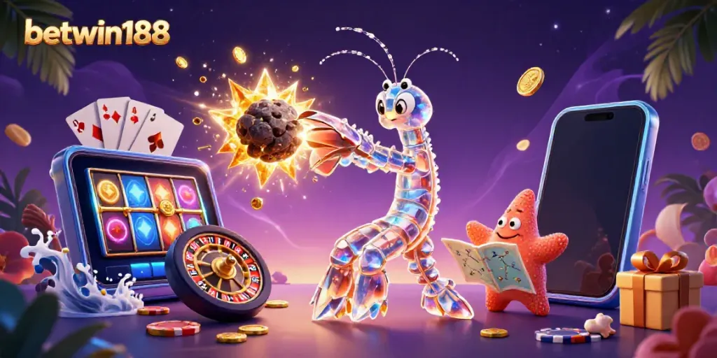 Ilustrasi 3D menarik yang menunjukkan betwin188 dalam aksi bermain slot digital, meriah dengan efek gemerlap.