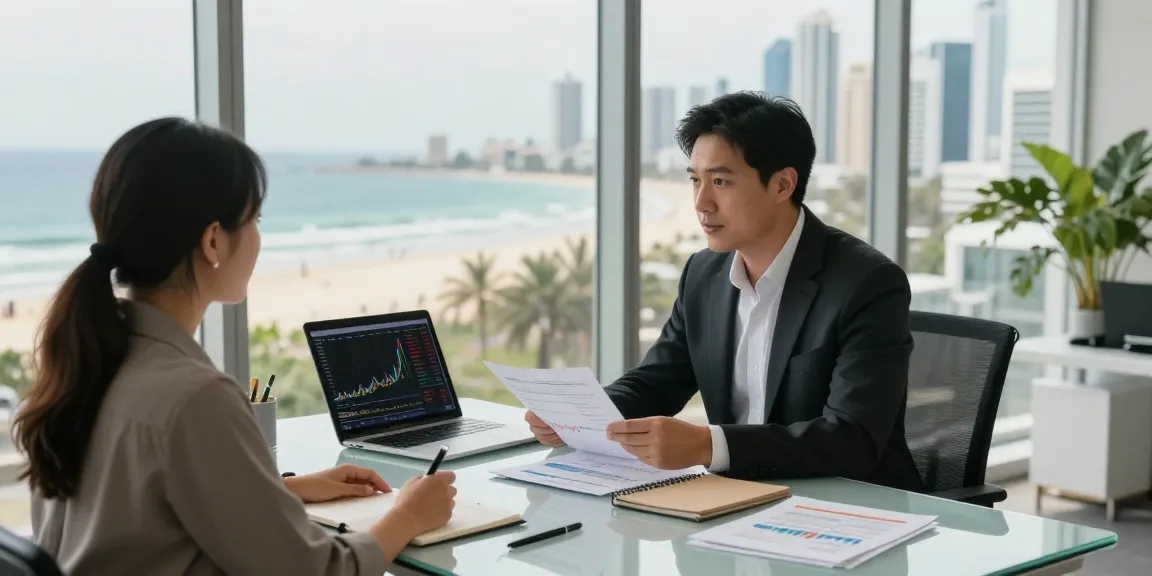 Financial Advice Gold Coast consultation scene with advisor and couple discussing investment plans.