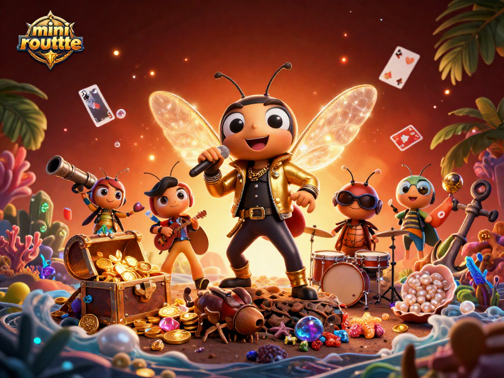 Engage with mini-roulette energy through vibrant characters and underwater treasures in a dynamic casino scene.
