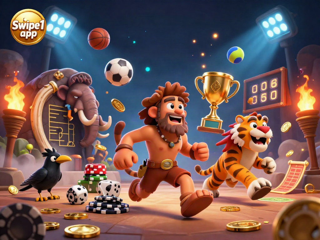 Engage with the Swipe1 app while experiencing a prehistoric casino adventure with 3D characters and sports elements.