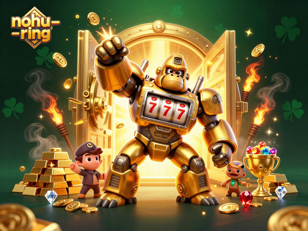 Nohuring 3D illustration showcasing a transformer-style golden gorilla mech surrounded by slot machine parts and explosive coins.