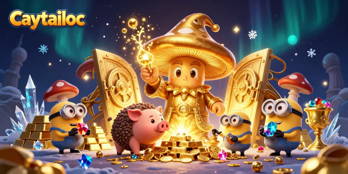 Experience the magic of caytailoc with golden treasures and vibrant casino elements in this illustrated scene.