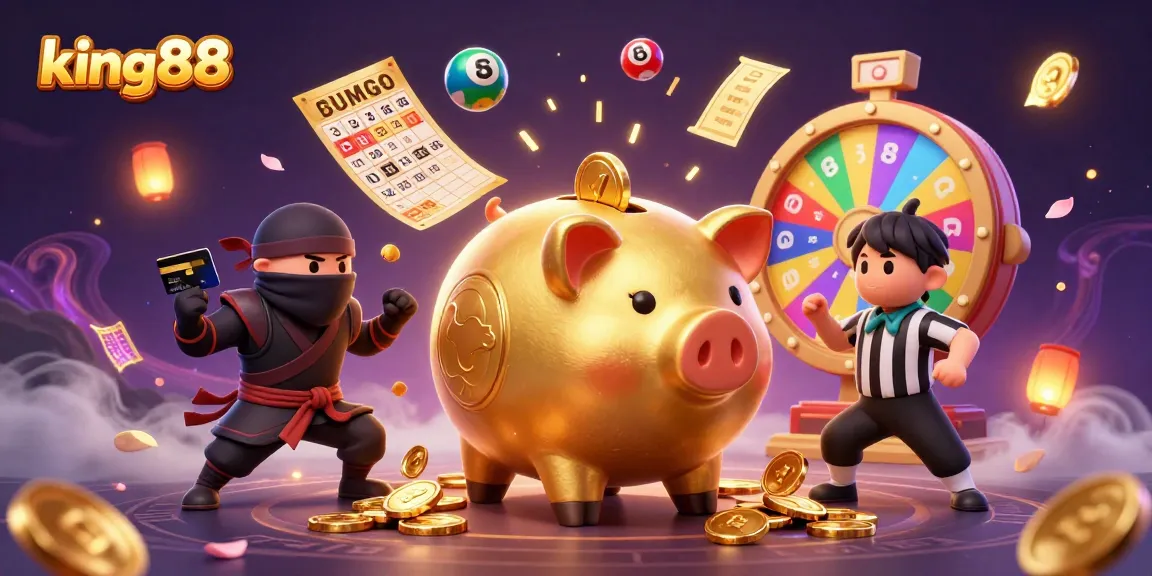 Engage in thrilling gaming with king88 as golden characters battle amidst colorful lottery balls.