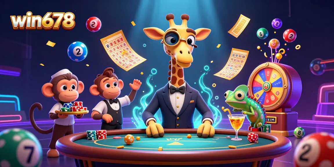 Win678 casino illustration featuring a high-roller giraffe and a monkey valet amidst lottery balls and vibrant casino games