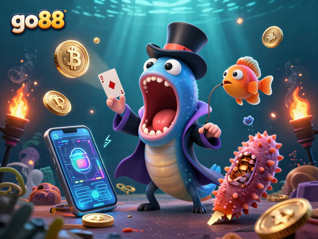 Experience the magic of go88 with a vibrant underwater casino scene showcasing crypto themes and playful sea creatures.
