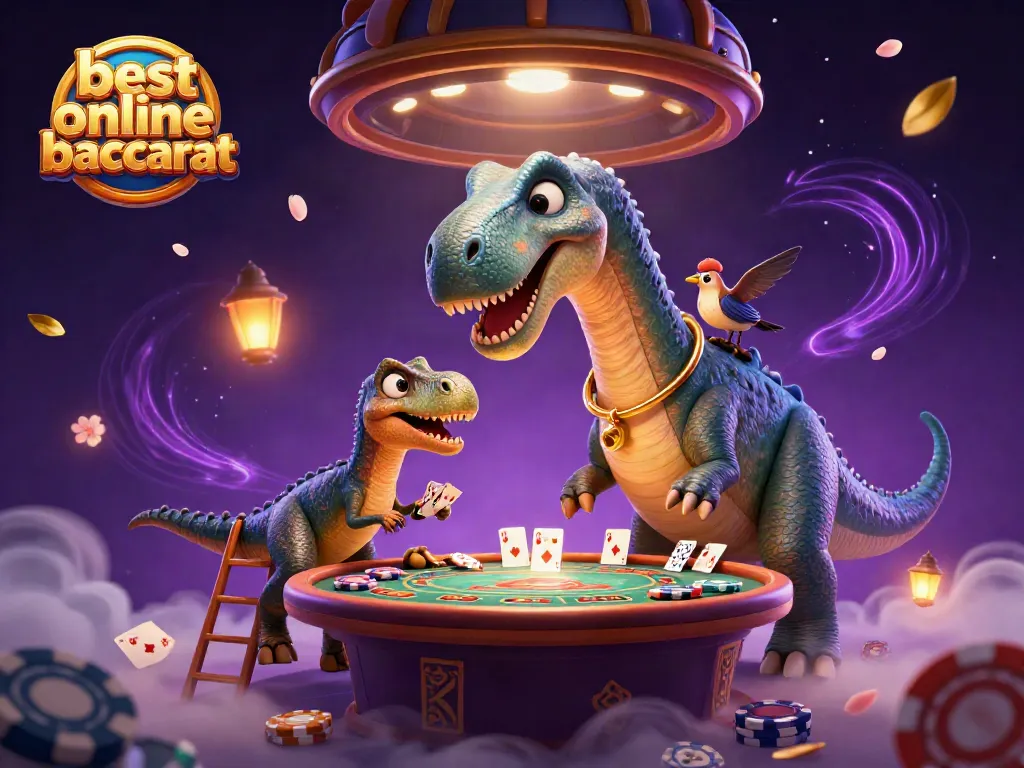 Experience the excitement of the best online baccarat with a playful brontosaurus overseeing a dazzling casino scene.