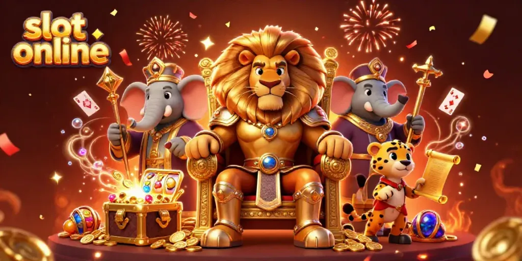 Spin to win with slot online featuring a royal lion, wise elephant, and swift cheetah in a vibrant casino realm.