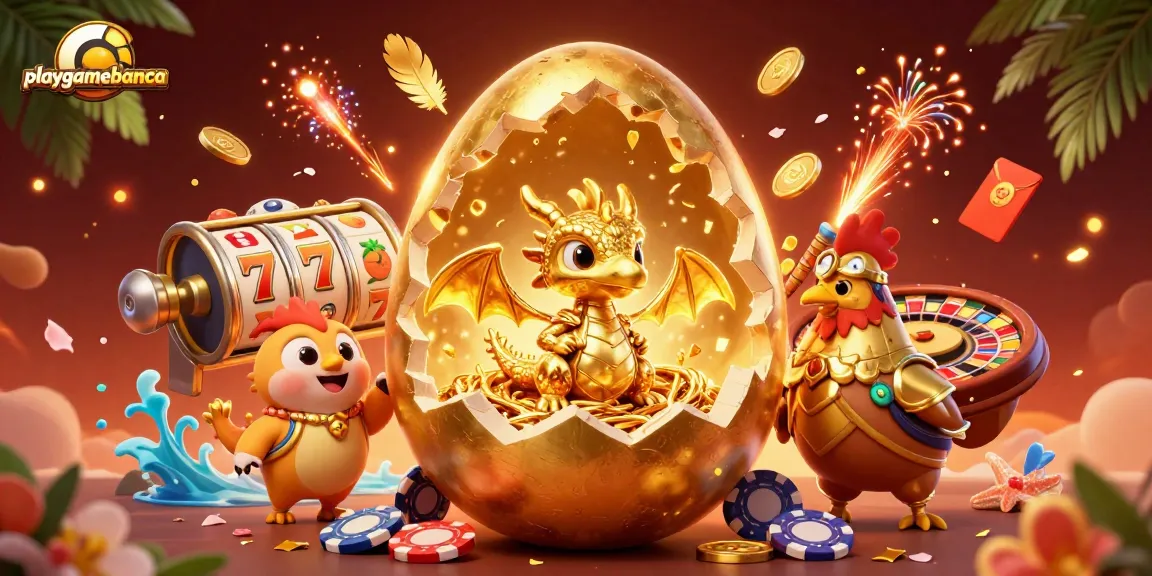 Experience playgamebanca's exhilarating casino world with a golden dragon, poker chips, and vibrant game elements.