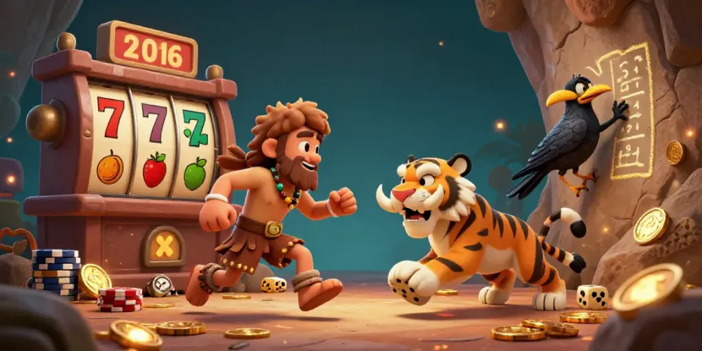 Experience maxwin77 slot action with an engaging prehistoric casino scene featuring a caveman, saber-toothed tiger, and a crow.