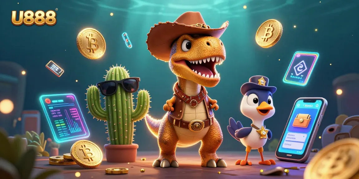 Experience thrilling gameplay at U888 with a vibrant 3D casino scene filled with animated characters and dynamic crypto elements.