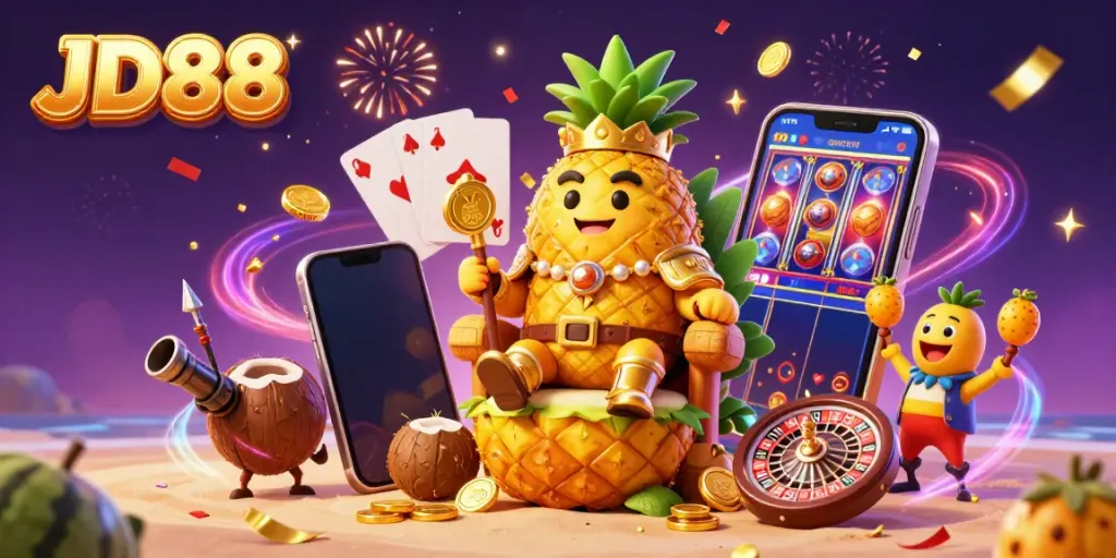 Experience exhilarating wins with JD88 in a vibrant beach casino scene featuring a pineapple king.