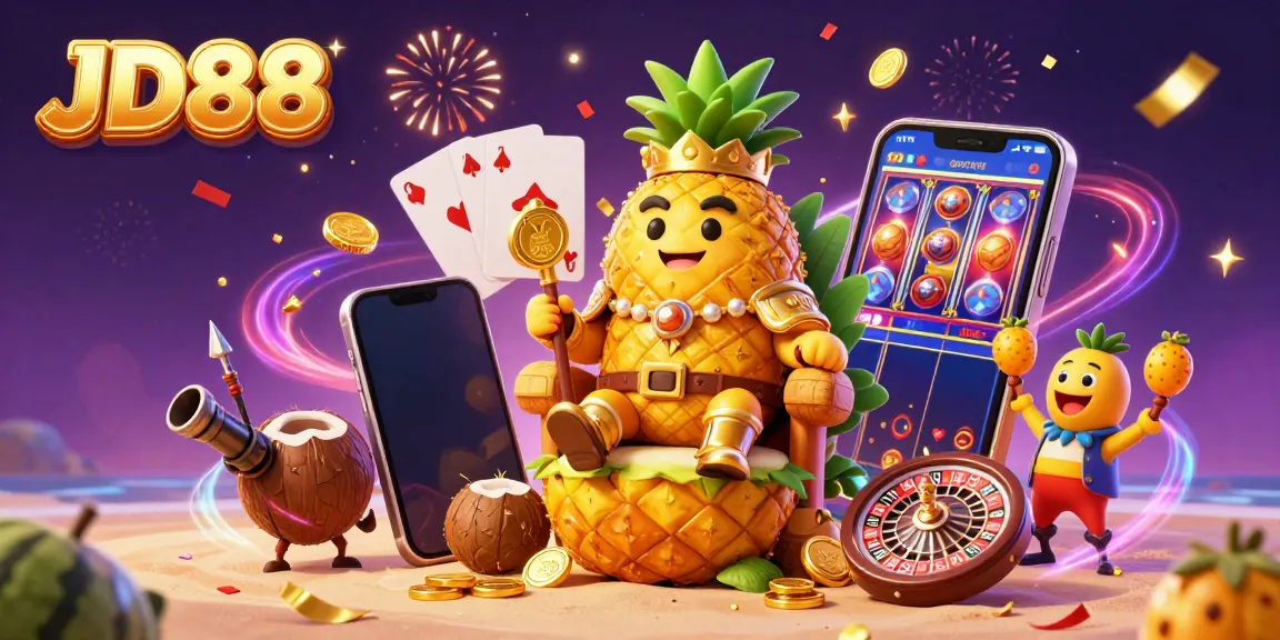 Experience exhilarating wins with JD88 in a vibrant beach casino scene featuring a pineapple king.