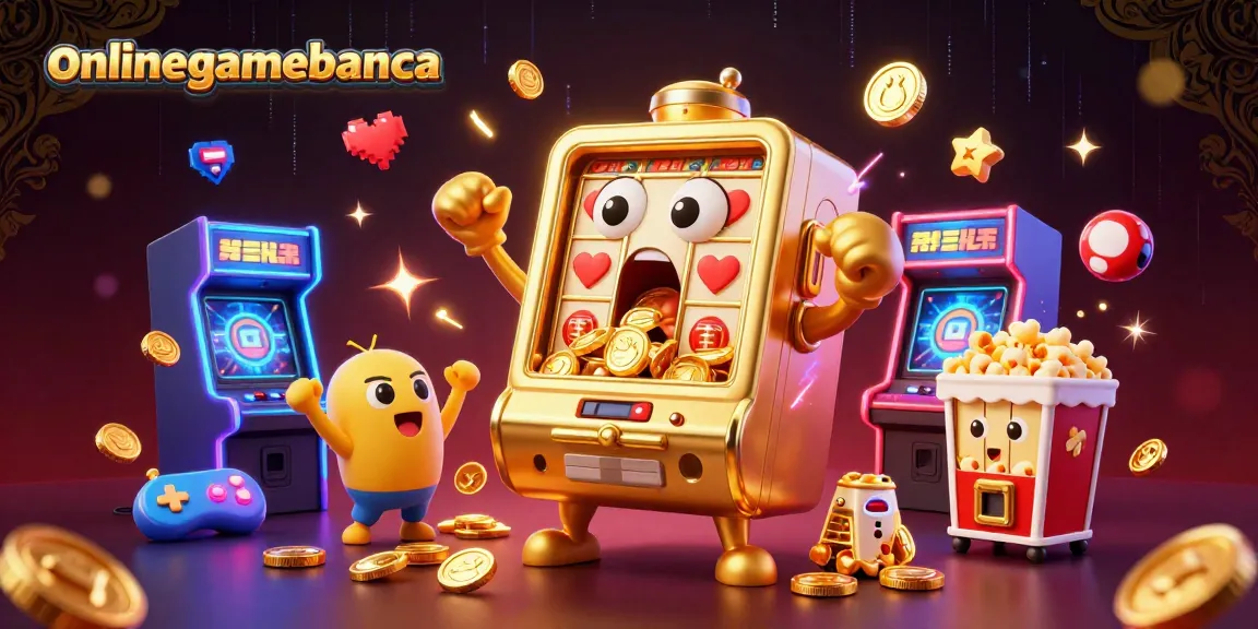 onlinegamebanca showcases a vibrant golden slot machine celebrating its jackpot amidst cheering companions and arcade elements.